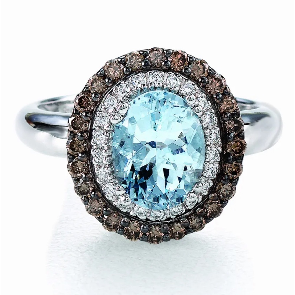 LeVian 14KT White Gold Aquamarine Chocolate Vanilla Diamonds Halo Statement Ring